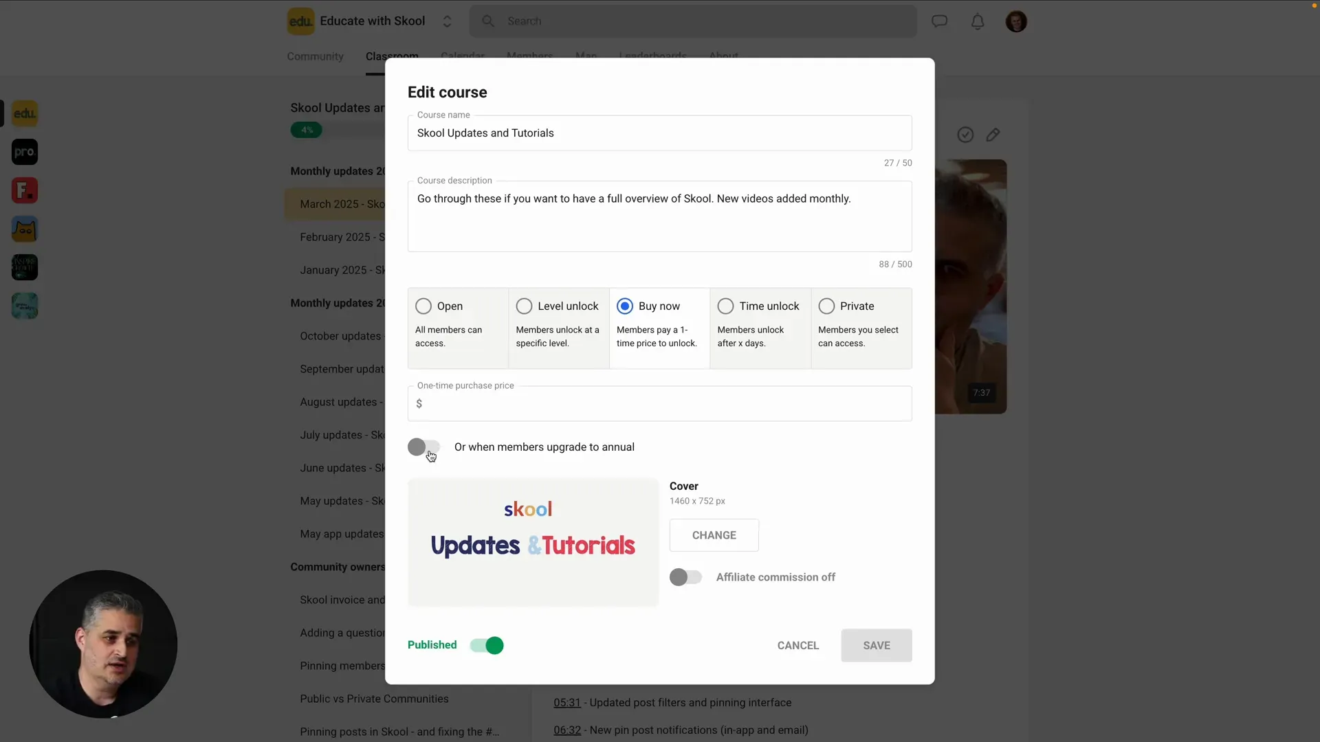 Access settings and affiliate commissions in Skool