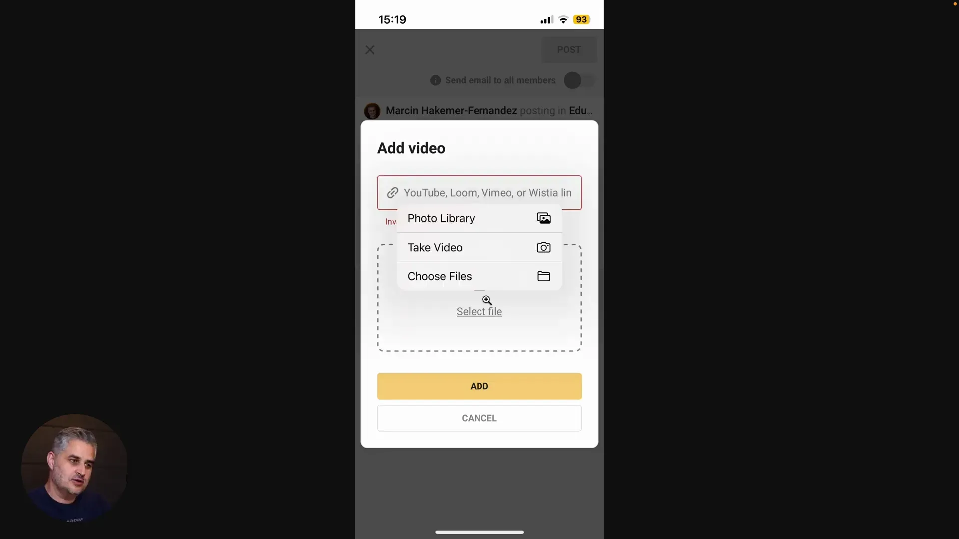 Video upload options on Skool mobile app