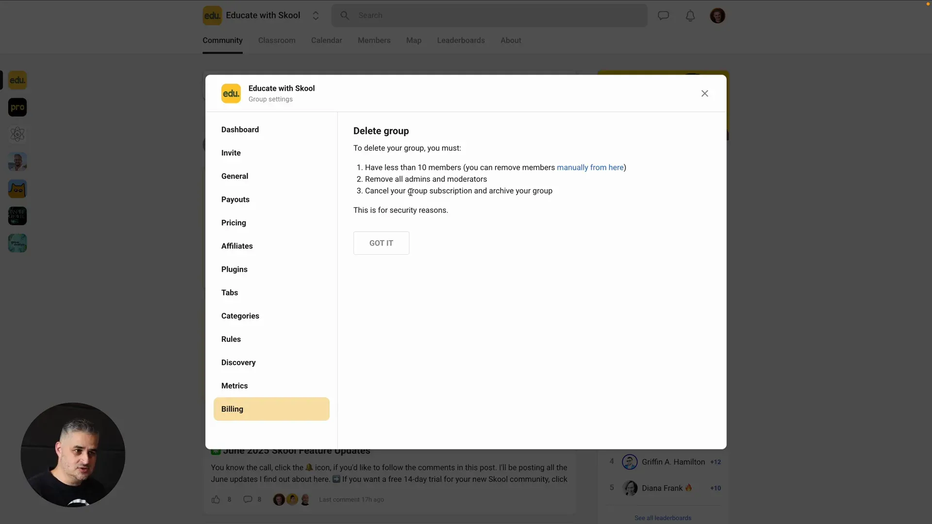 Billing area showing the new option to delete a group