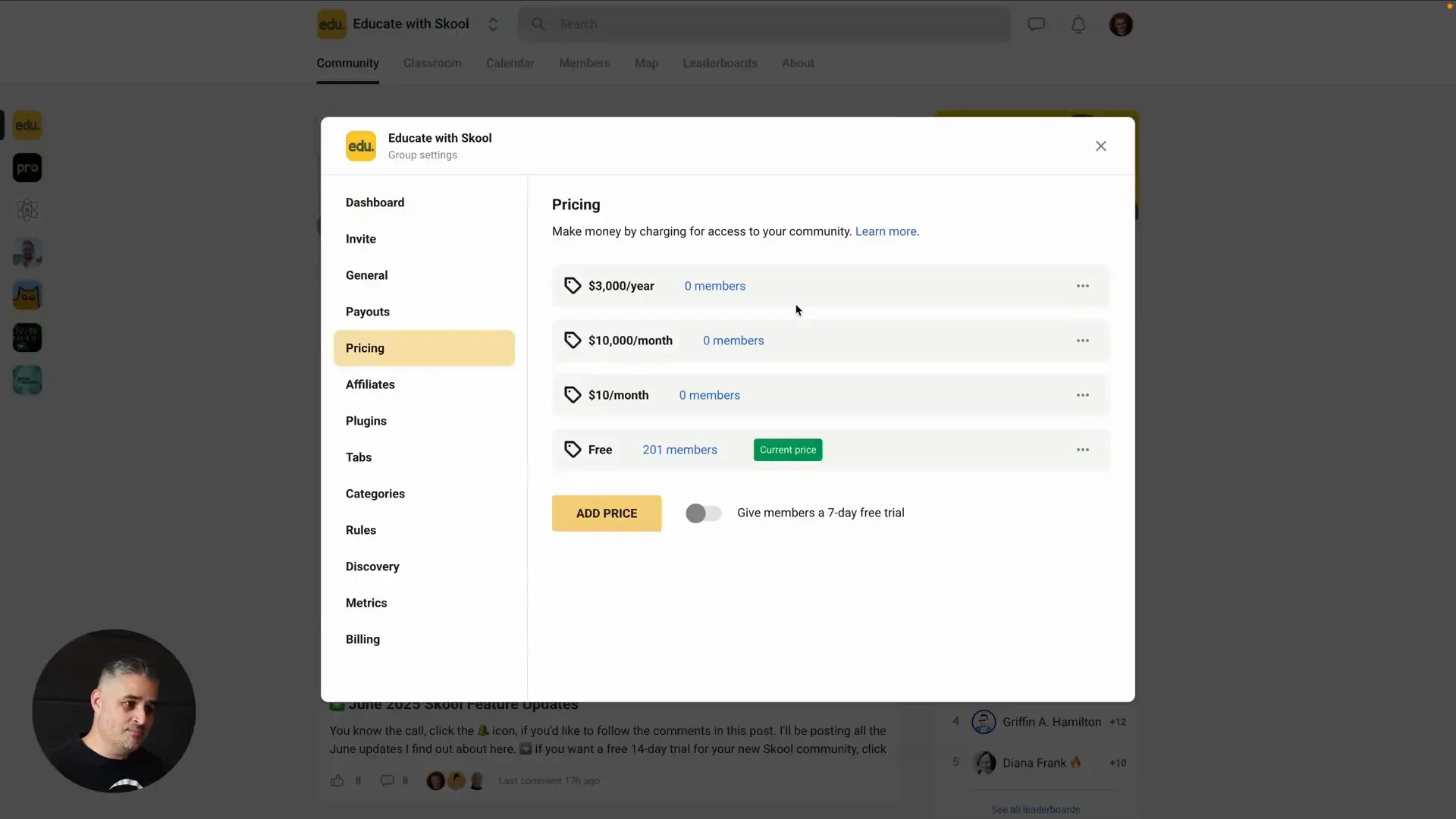 Pricing settings interface showing option to add prices without Stripe connection