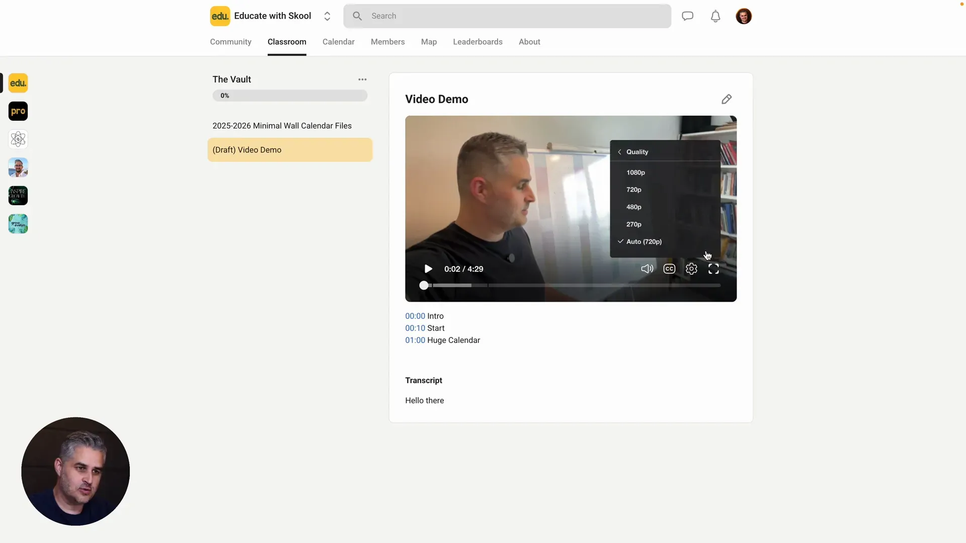 Video playback controls and quality settings on Skool