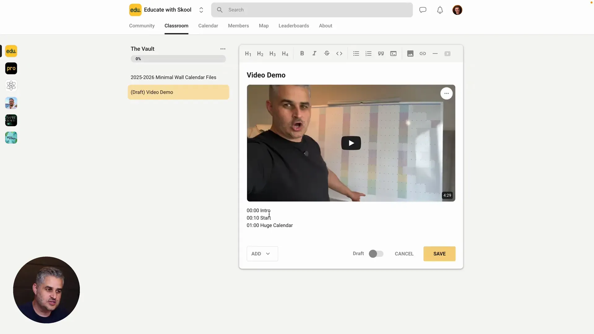 Video timestamps and manual transcript input in Skool