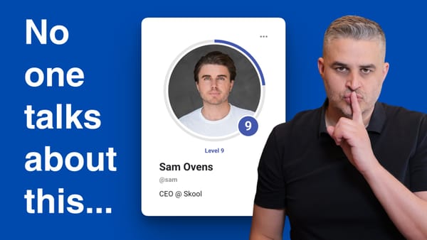 The words "No one talks about this...", Sam Ovens profile photo, me shushing my mouth.